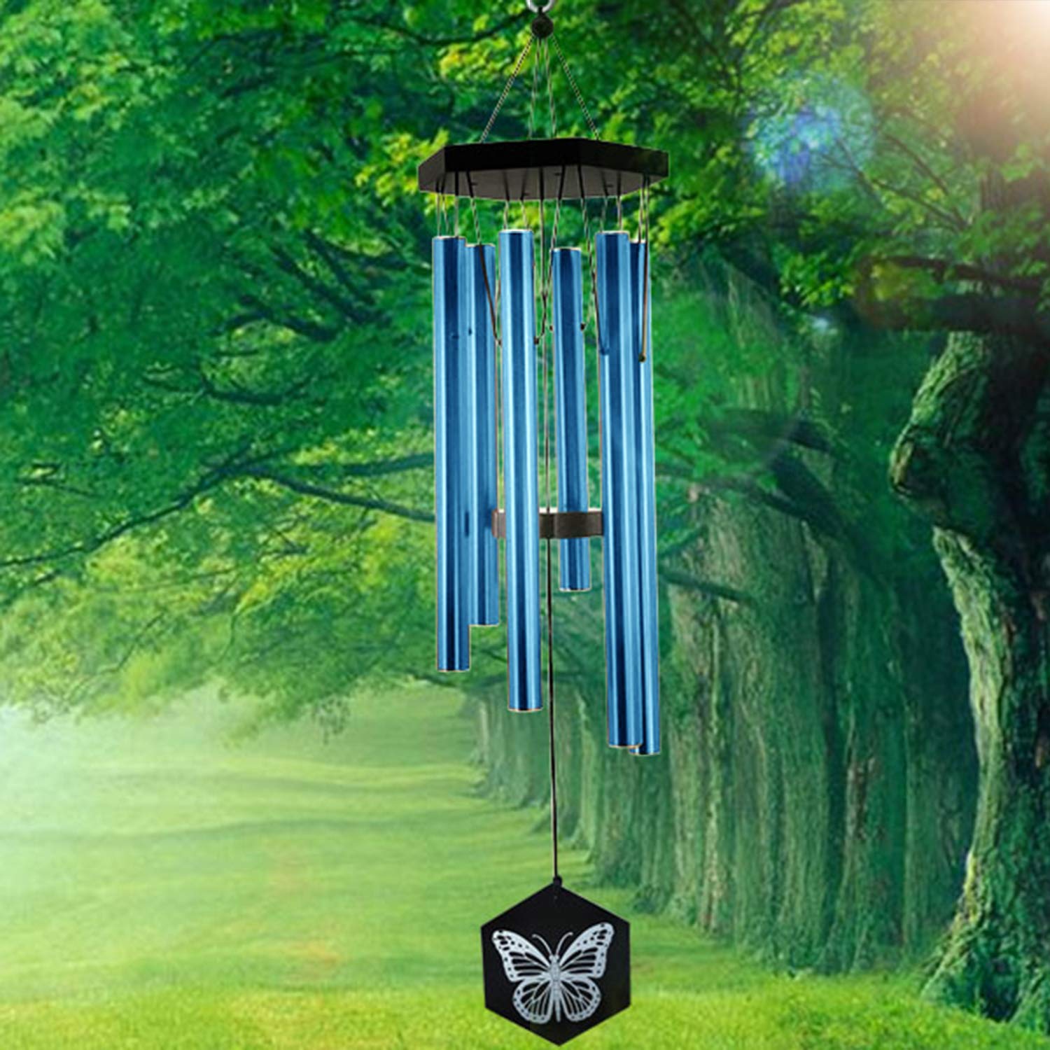 Fonmy Wind Chimes Outdoor w/Butterfly Sign Memorial Windchimes Great Wind Chime Gifts Soothing Melodic Tones & Bamboo/Aluminum Chime for Garden Home or Yard-31 Length Blue Chimes Hanging Decor.
