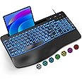 EAYBLLY Ergonomic Backlit Computer Keyboards, USB Wired Lighted Keyboard with 7 Colors, Wrist Rest, Phone Holder, Wave Keys Design, Plug and Play for Windows, Laptop, PC, Desktop, Gaming