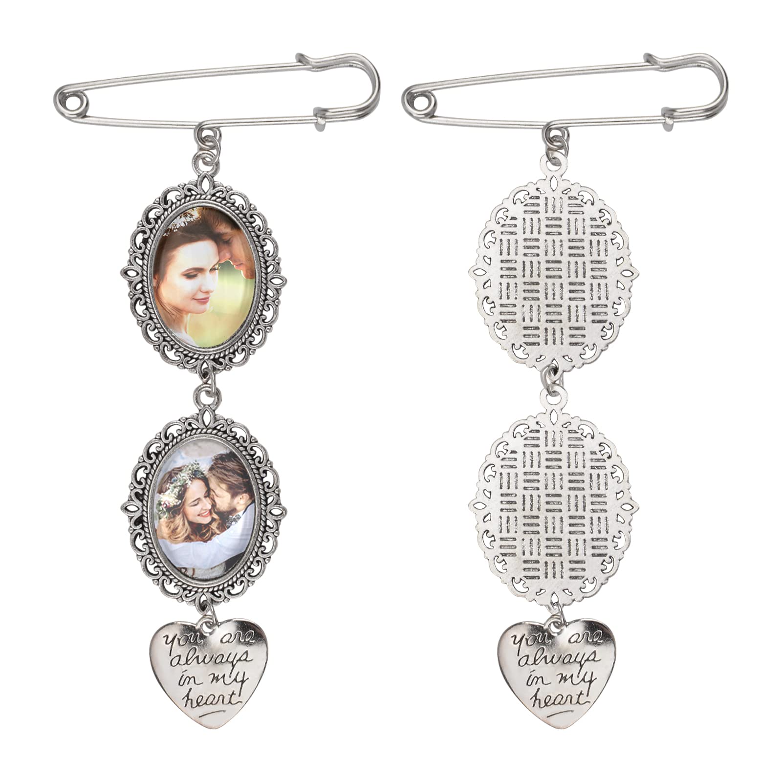 URROMA Wedding Bouquet Photo Charms, 2 Pcs Silver Memorial Photo Charm Lacy Oval Frame Heart Pendant Photo Pin Brooch for Bride Flower Bouquet