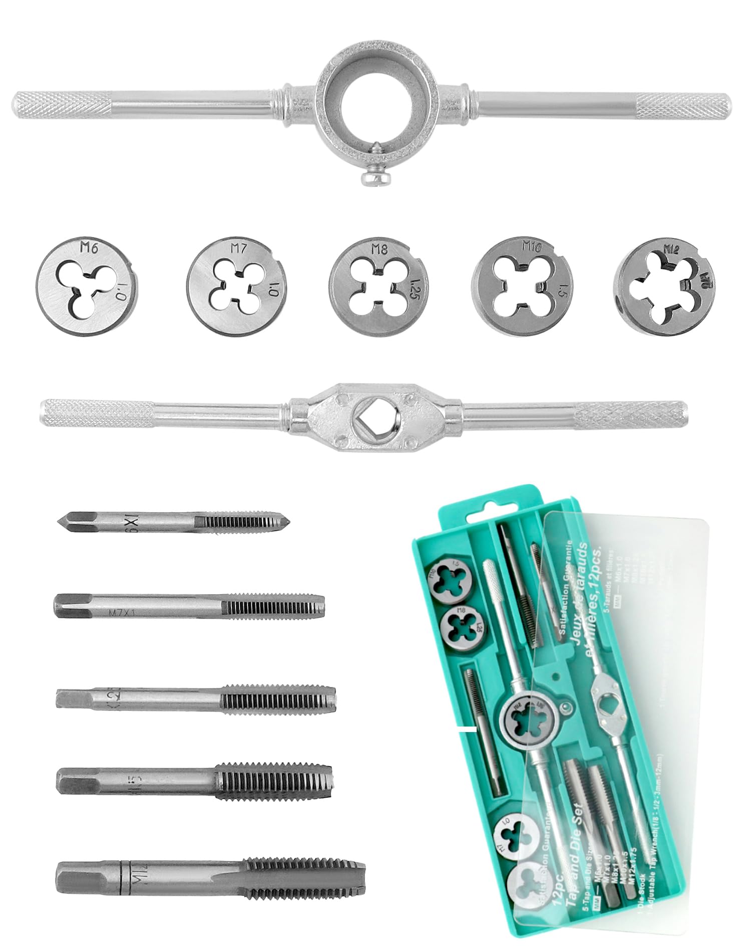 QWORK® 12-Piece Metric Tap and Die Set with Storage Case - HRC 53 Bearing Steel - M6-M12