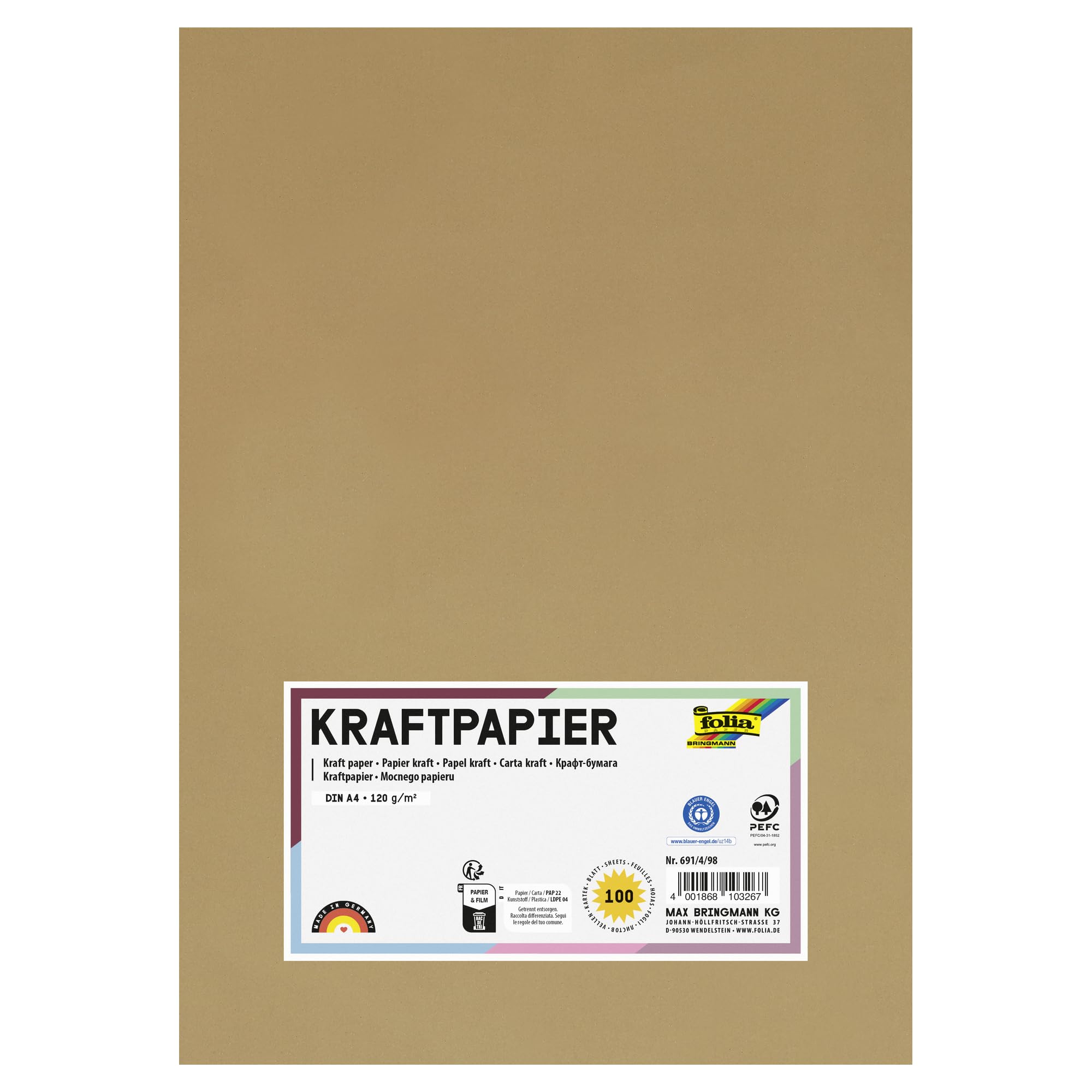 folia 691/4/98 – Kraft Paper Natural, 120 g/m², DIN A4, 100 Sheets, for Individual Crafting and Designing of Greeting Cards, Invitations, Place Cards, etc.