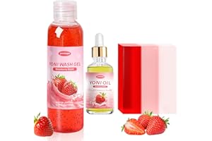 YONISAYO 3 PCS Yoni Wash Yoni Oil Yoni Soap Bar, Feminine Wash Yoni Oil for Women pH Balance, Natural Yoni Bar Soap Vaginial Moisturizing Body Wash Deodorants, Strawberry Scent Yoni Wash Set