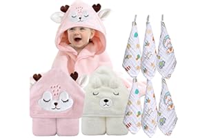 Baby Towel, Hooded Baby Towel, 8-Piece Bath Towel for Baby Boys Girls, Muslin Washcloths, Reusable Infant Wipes Set (White-Pi