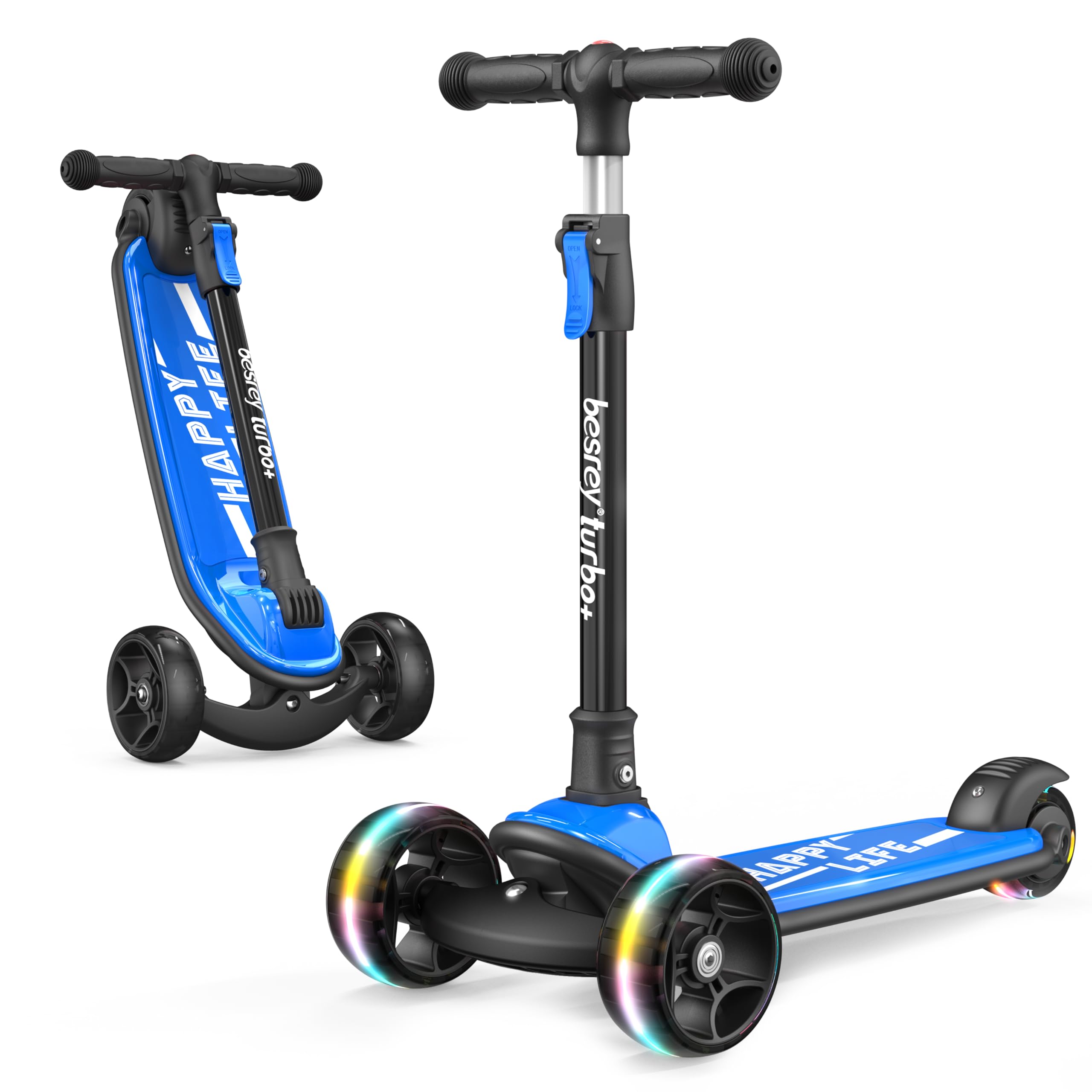 besrey Kids Scooter - Big Wheels Foldable Kick Scooter with Flashing LED Lights for Boys Girls, 4 Levels Height Adjustable, 3 Wheel Scooter for Kids Ages 2-10 with Safe Lean to Steer Design
