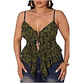 WDIRARA Women's Plus Size Floral Lace Up Cami Tops V Neck Ruffle Asymmetrical Camisole Top