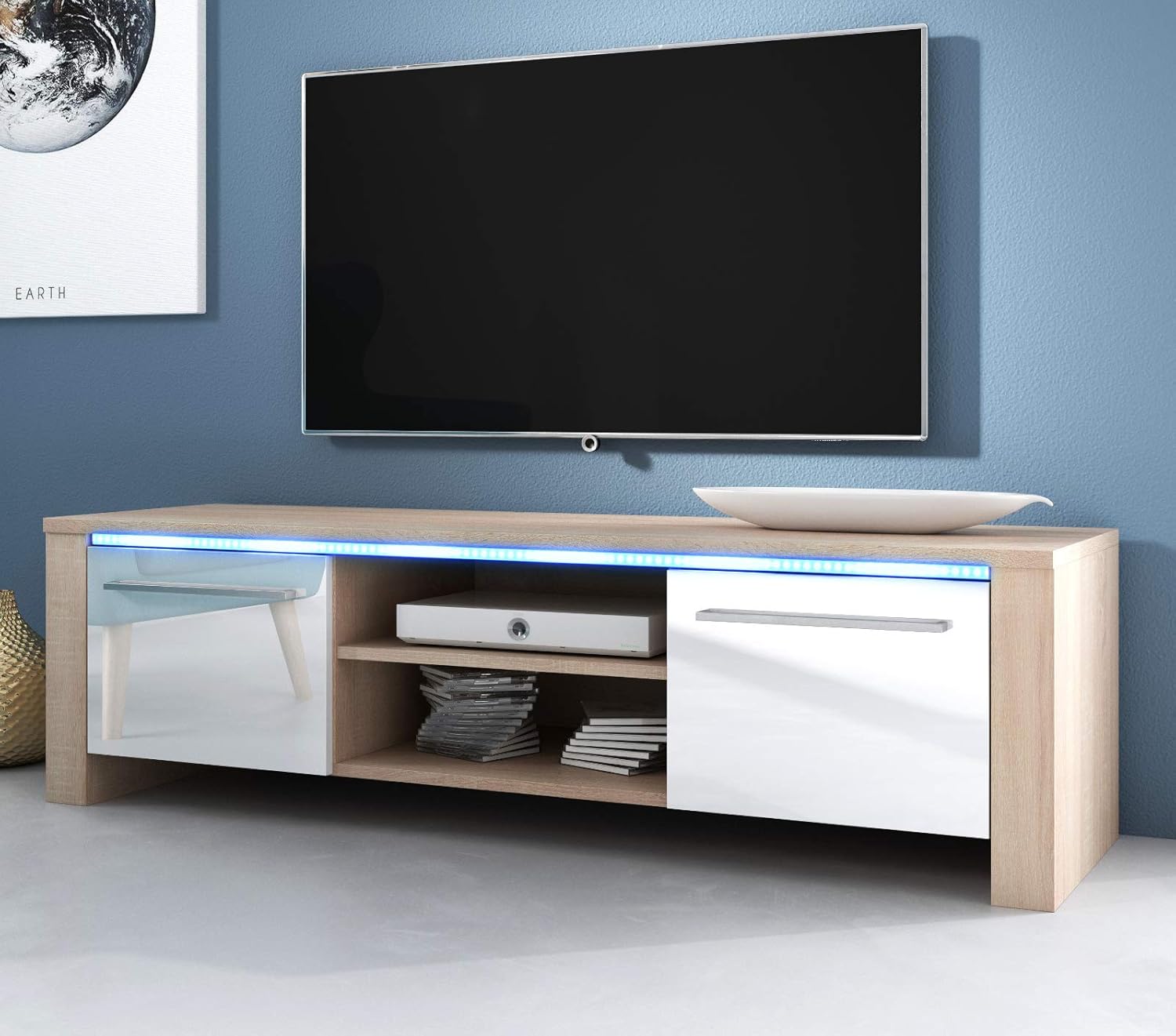 TV Lowboard TV Unterteil Harlem in weiß Hochglanz und Sonoma Eiche hell
