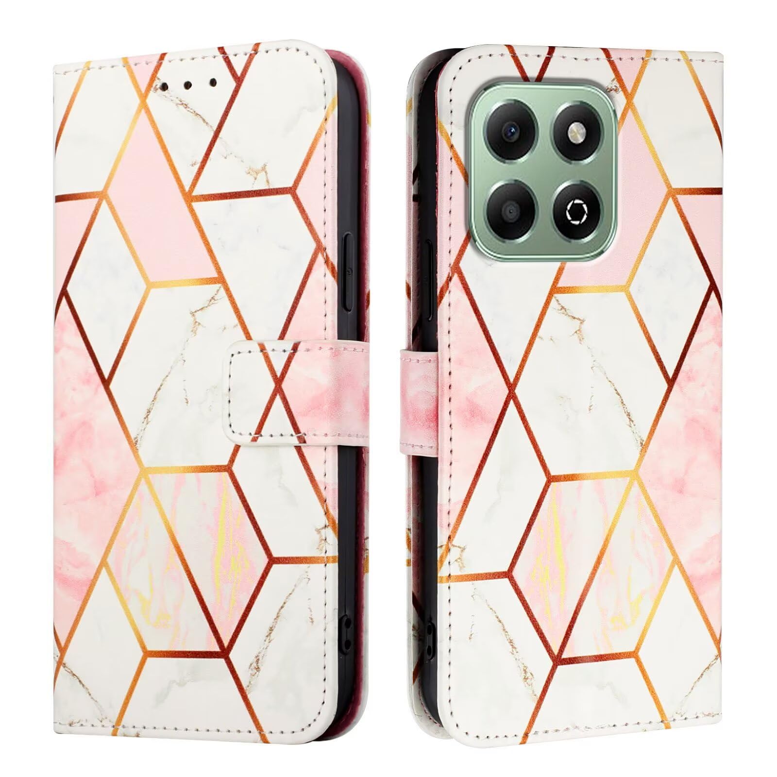 Lvnarery For Honor X6b Case,Marble Pattern PU Leather Shockproof Wallet Phone Case with Stand Magnetic Money Pouch Folio Silicone Bumper Gel Protector Cover Pink & white