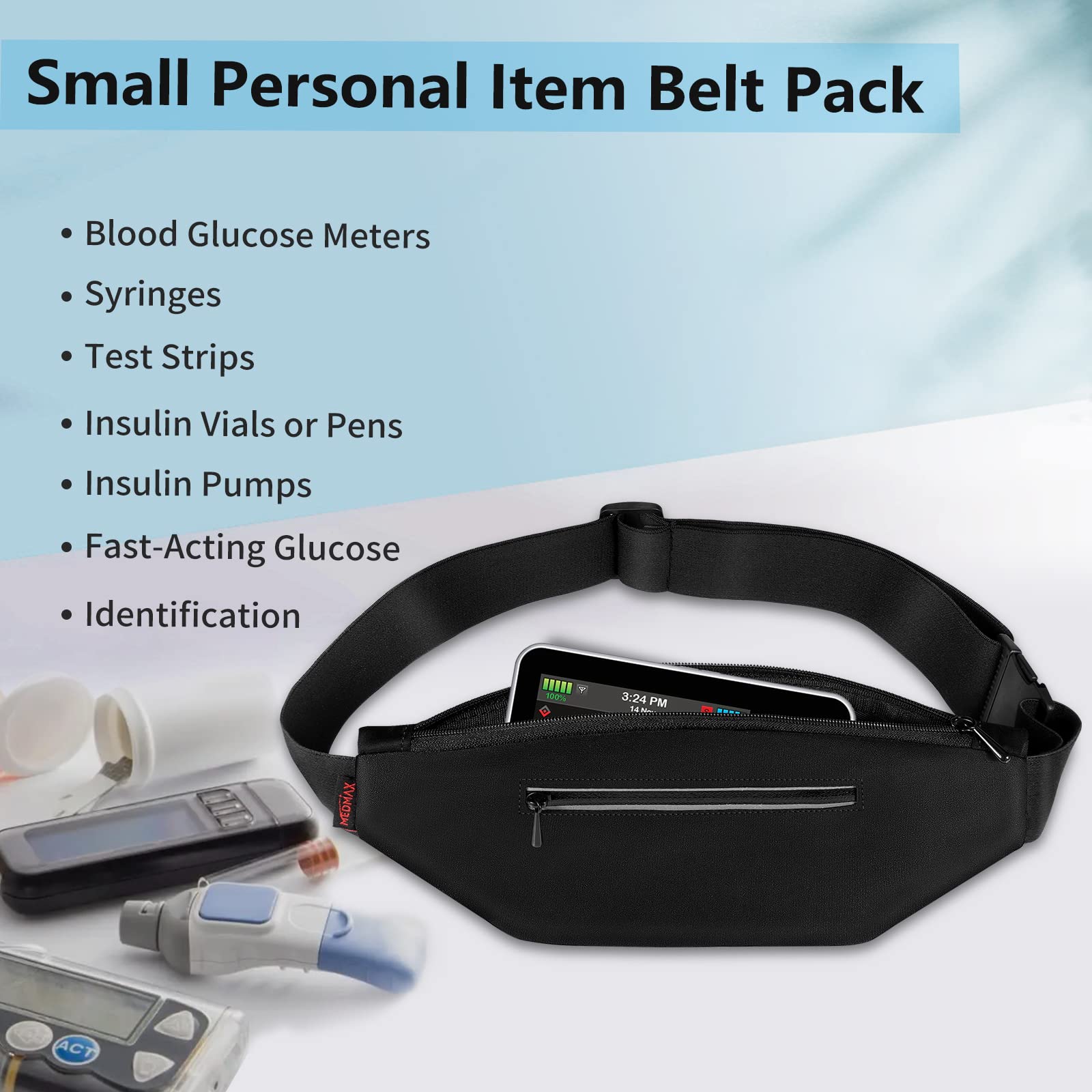 Diabetic Running Belt with Adjustable Waist, Insulin Pump Belt Holder Organizer Waist Pouch, Epipen Medical Fanny Pack Bag (Black)