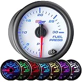 GlowShift White 7 Color 30 PSI Fuel Pressure Gauge Kit - Includes Electronic Sensor - White Dial - Clear Lens - for Diesel Tr