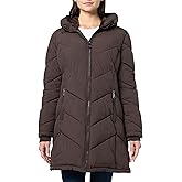 Calvin Klein Women's Long Puffer Coat With Diagonal Stitching and Faux Fur Hood Lining