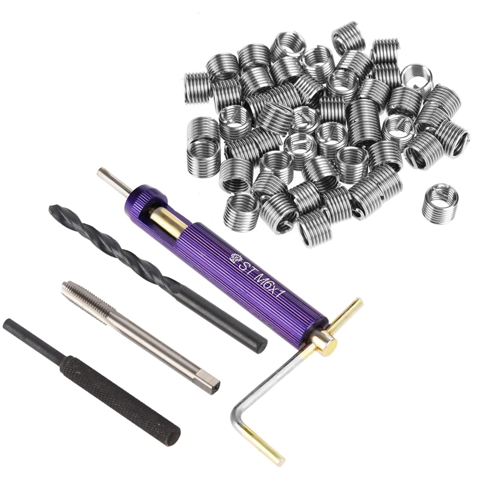 50 pcs M6 Stainless Steel m6 55466 m6x1 Metric Coarse Thread Repair Kit Wire Thread Insert Combination Tool Set Thread Repair Kit with Twist Drill Bits Wrench Thread Taps Breaking