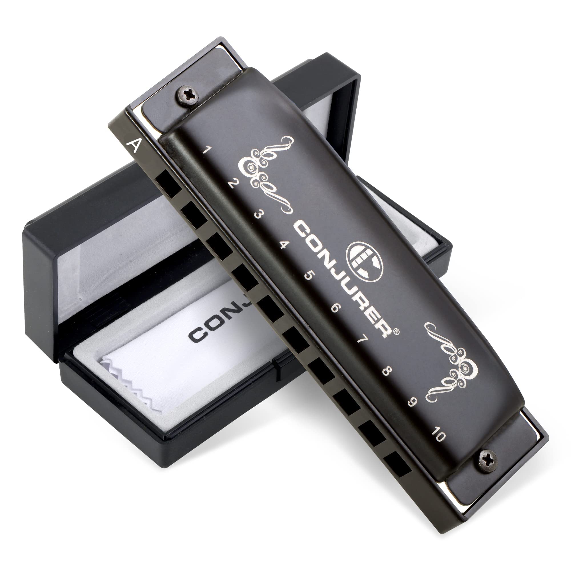 Conjurer Blues Harmonica A Mouth Organ for Children& Adults, Blues Harp 10 Holes Diatonic Harmonica Kids key of A, 1006A Black