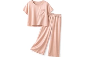 Petite&Me Silk Girls Christmas Pajamas Kids/Teens 2 Pieces Lounge Sets Short Sleeve Top & Wide-Leg Pants Soft Pjs Loungewear