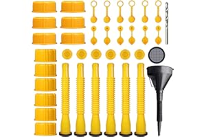 PFTJUJUDAN 40pcs Can Spout Replacement Kit,Can Nozzle,3 Kit-Yellow,5 Gal,6 Bendable Tubes,6 Screw Collar Coarse Thread &6Fine Thread-Fits Most of Cans,6 Threaded caps,6 Vent Caps,1 Drill Lid and 1 Funnel(40)