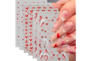 SHUXILIN 6 Sheets Heart Nail Stickers Glitter Shiny Love Nail Decals 3D Self-Adhesive Irregular Lines Romantic Valentines Nail Art Stickers Love Plaid Hearts Nail Accessories for Women Manicure Decorations