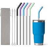 Diumepo Metal Straws Reusable With Silicone Tips, 9.5" Stainless Steel Straight Drinking Straw for Yeti 30 oz Tumbler- 2 Cleaning Brushes & 1 Portable Bag