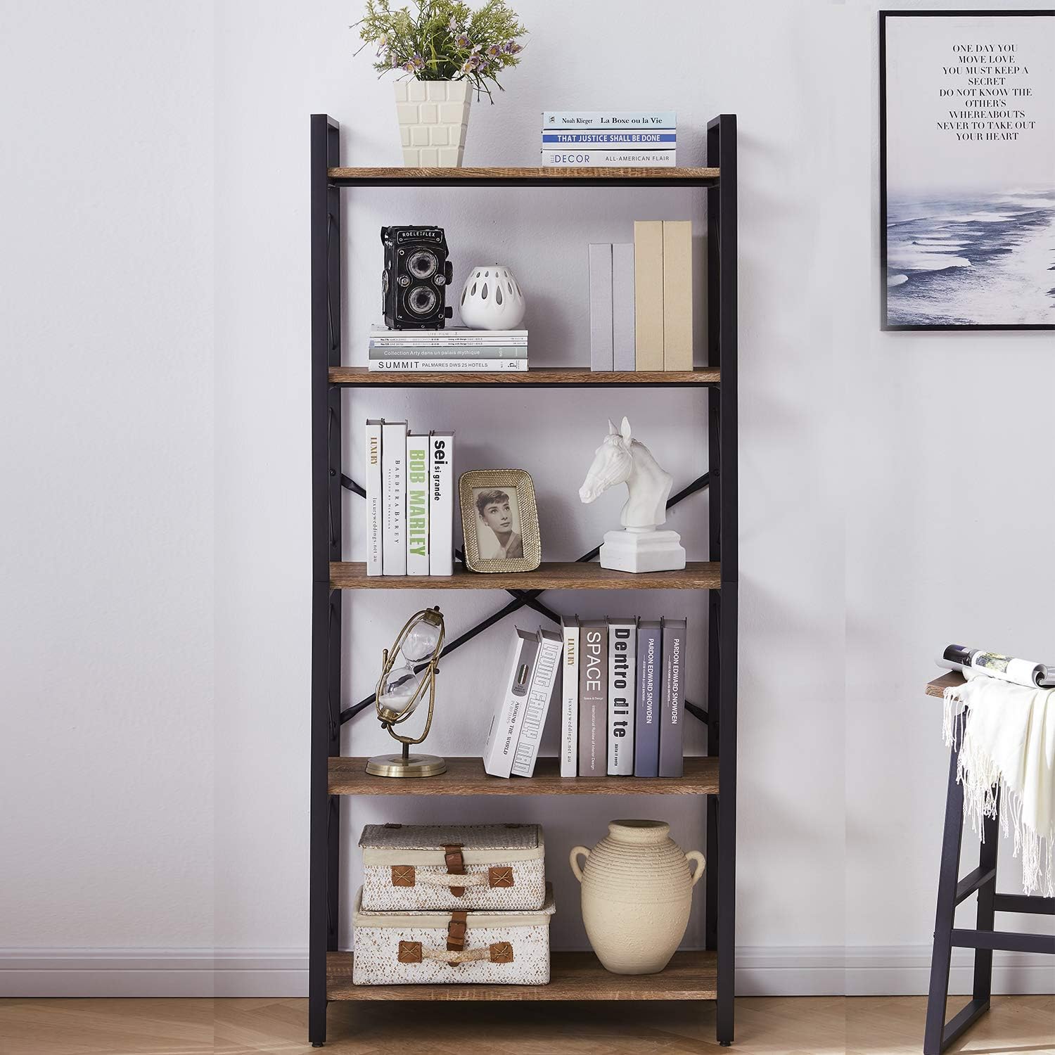 OIAHOMY Industrial Bookshelf，5-Tier Vintage Bookcase and Bookshelves，Rustic Wood and Metal Shelving Unit，Display Rack and Storage Organizer for Living Room, Brown Oak: Kitchen & Dining