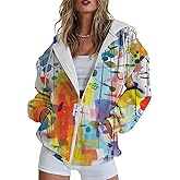 domirica Womens Hoodies Trendy Oversized Long Sleeve Print Full Zipper Casual Sweatshirts with Pockets