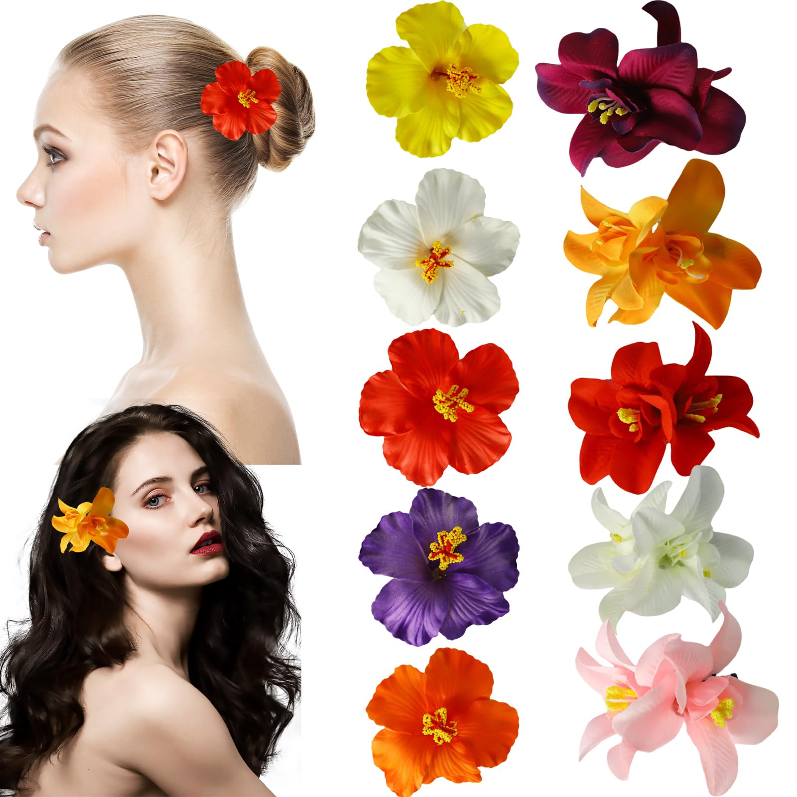 Photo 1 of 10 Pcs Flower Hair Clips, Flower Hair Accessories, 3.5 Inch Bridal Bobby Pins Headwear, for Vacation Party Beach Seaside(Double Flowers and Hibiscus)