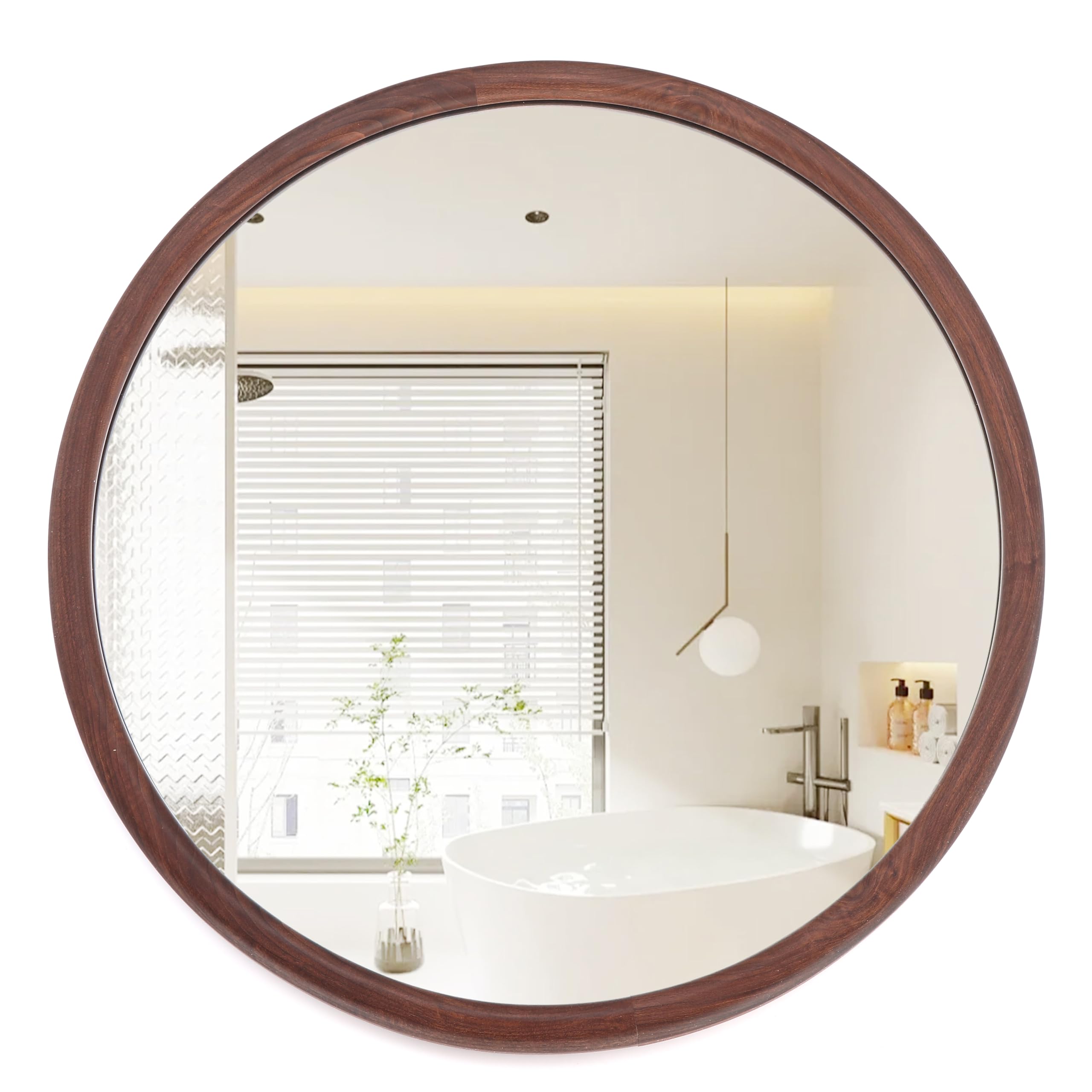 Photo 1 of ALMWLB Round Wall Mounted Mirror Decorative Bathroom Walnut Wood Grain Rustic Framed Vanity Circle Mirrors 20 Inch Farmhouse Mirror Living Room Mantel Entryway Bedroom Hallways (Walnut, 20"L x 20"W)
