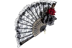 XIROM UN Halloween Black Hand Fan Lace Rose Handheld, Vintage Retro Flower Spanish Large Folding Fan for Women Girls Halloween Party Cosplay Costume Photo Props, Party Performance, Dance, Decorations, Gift