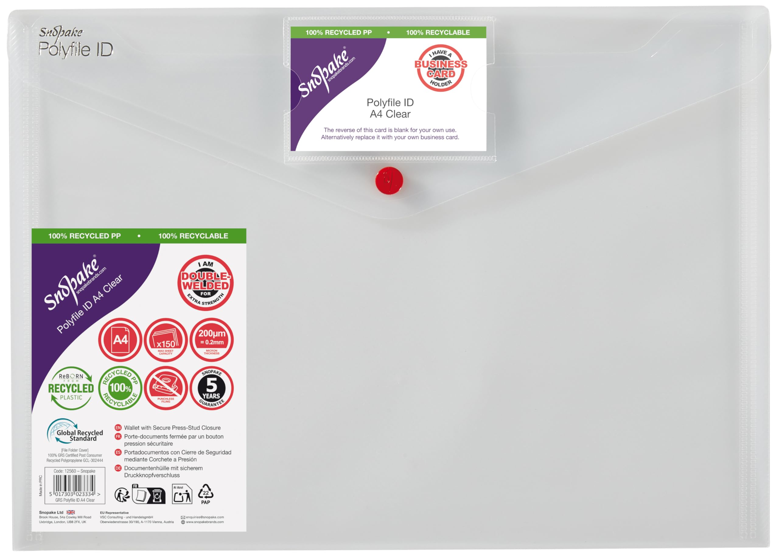 Snopake A4 Polyfile ID Popper Wallet with Press Stud Closure – Clear [Pack of 5] Ref: 12560