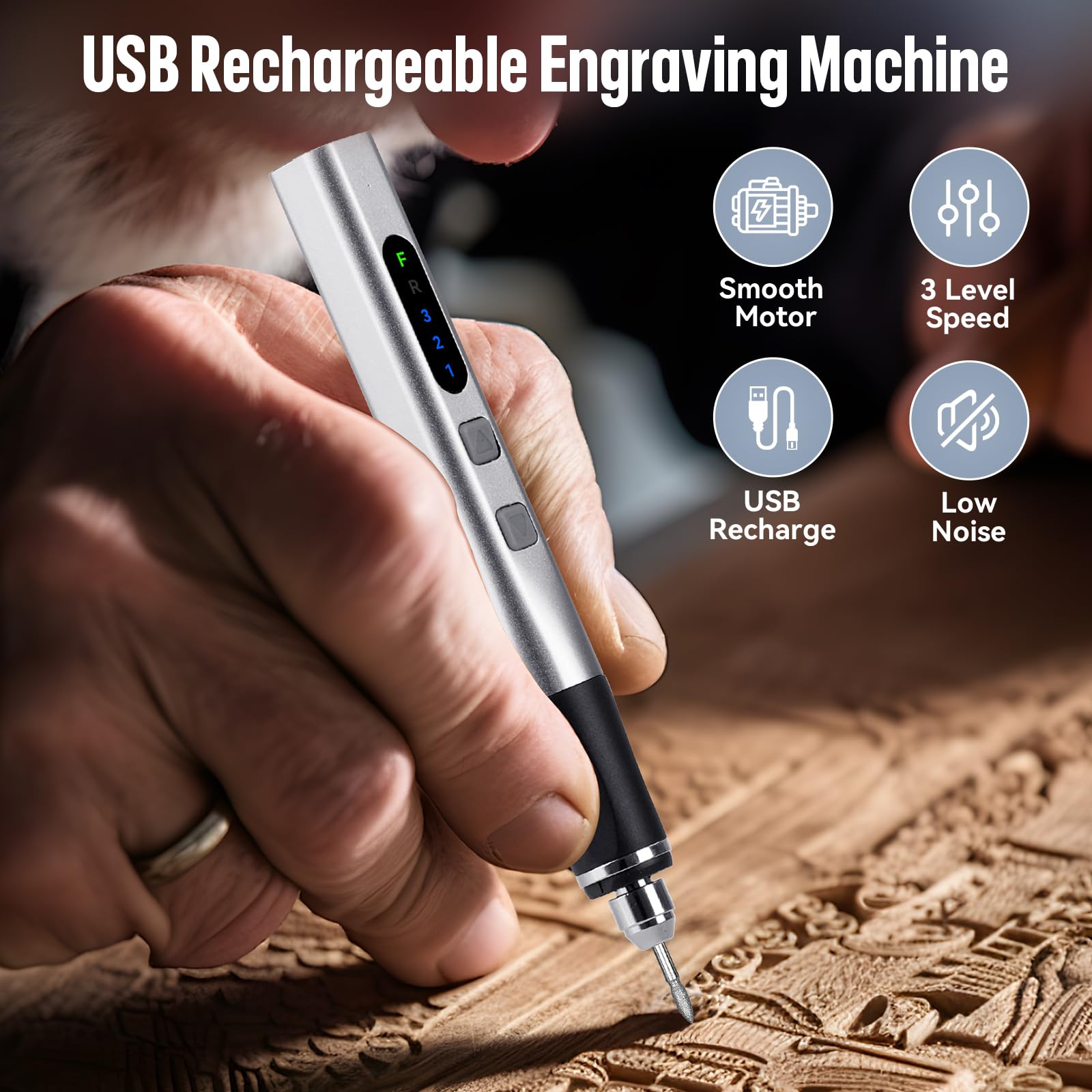 [Upgrade 2-Way Rotary] Electric Engraving Pen with 37 Bits, Cordless Engraver Pen USB Rechargeable, Portable DIY Rotary Engraver Machine for Jewelry Wood Glass Stone Carving (Silver)