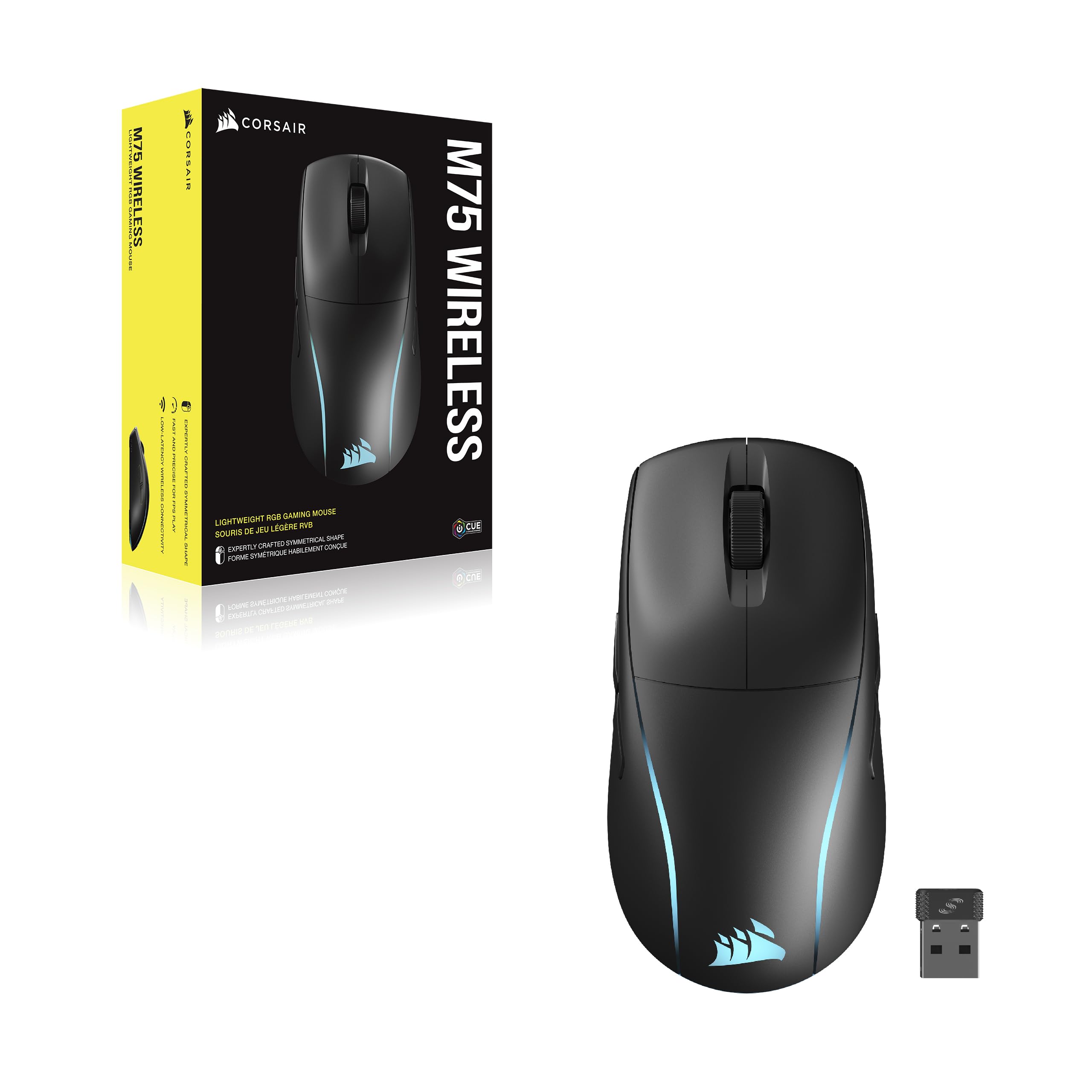 Corsair M75 Wireless RGB Lightweight FPS Gaming Mouse – 26,000 DPI – Swappable Side Buttons – iCUE Compatible – PC – Black