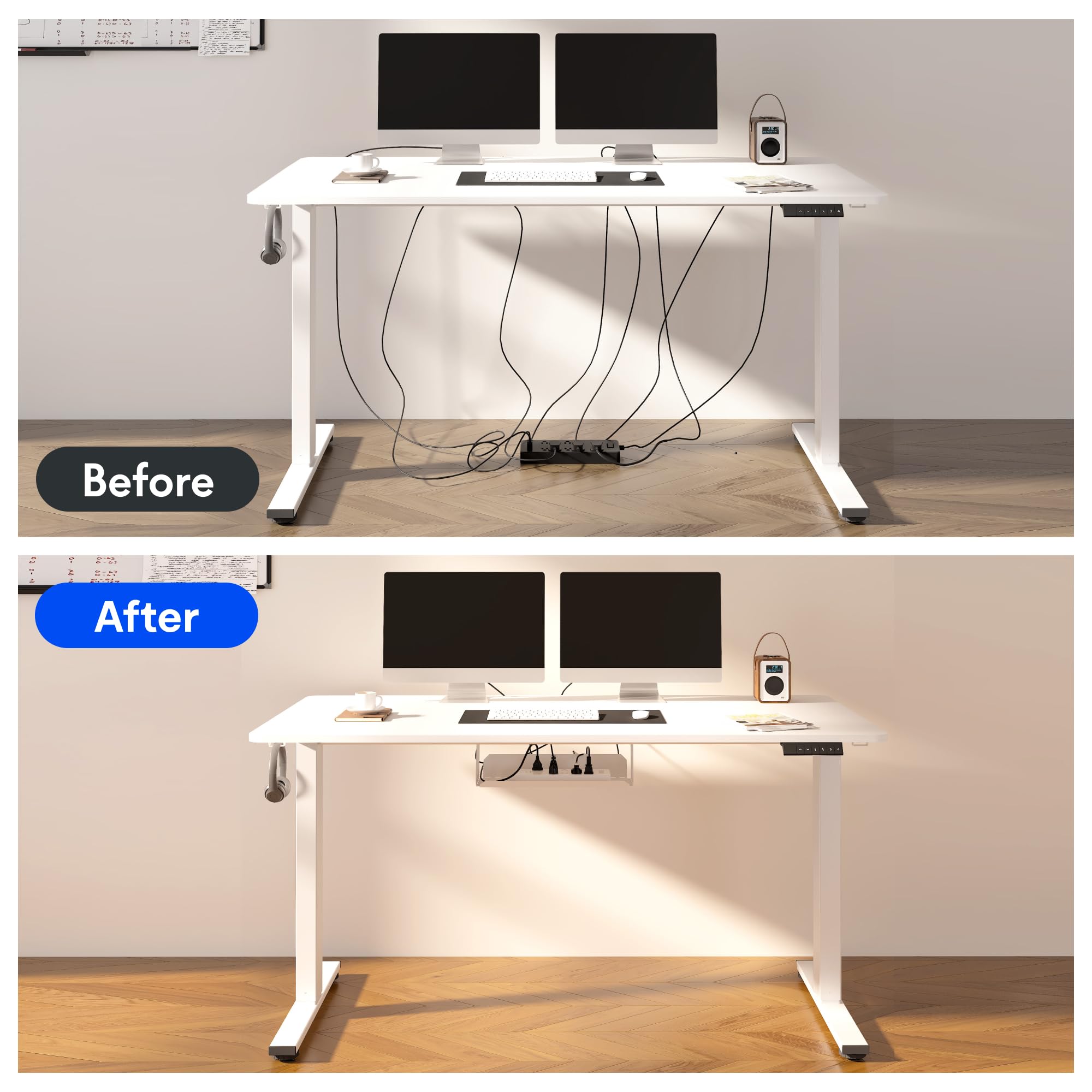 FLEXISPOT EN2 Whole-Piece Standing Desk with Clamp Power Strip, 48 x 30 Electric Stand Up Height Adjustable Desk with Cable Management (White Frame + 48