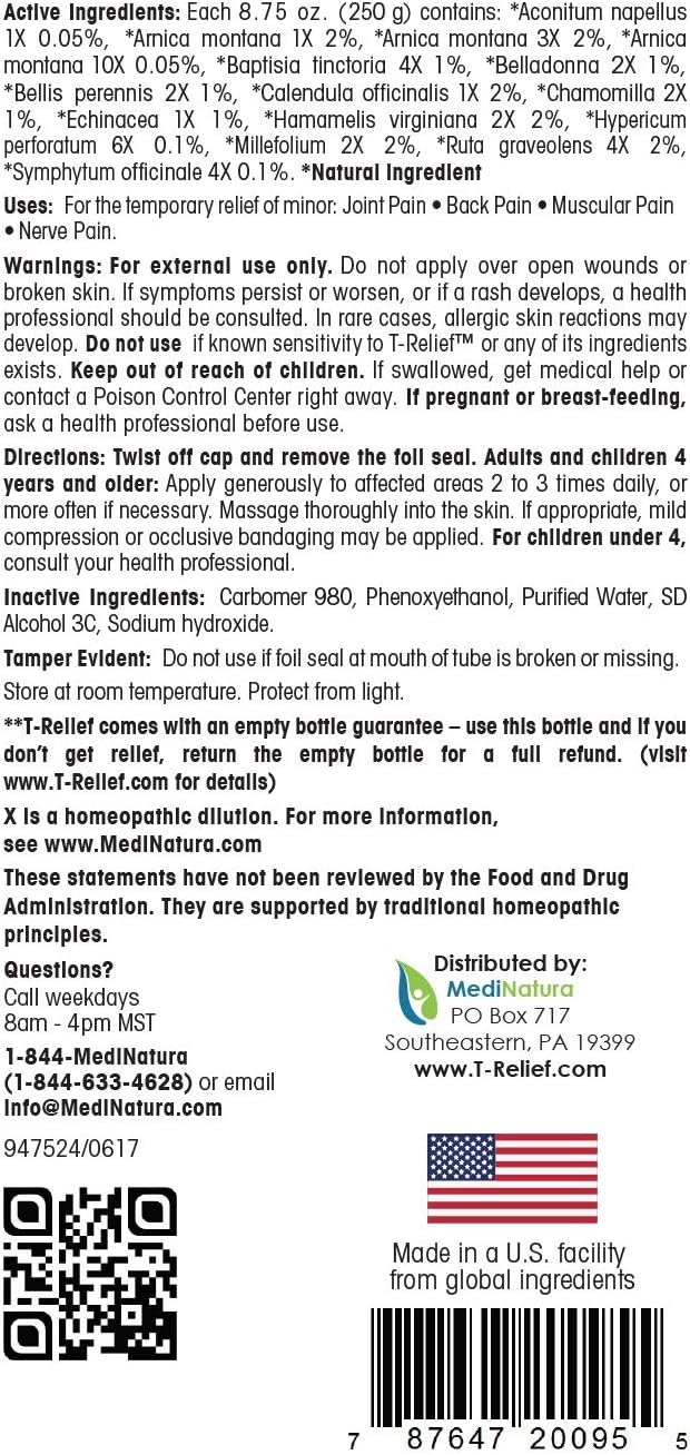 T-Relief Pain Relief Gel to Soothe Minor Joint, Back and Muscular Pain - Homeopathic Formula - 8.75 Ounce: Health & Personal Care