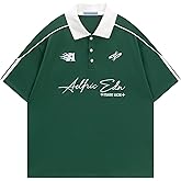 Aelfric Eden Mens Vintage Letter Polo Tee Oversized Button Collar Graphic Patchwork T Shirt Short Sleeve Summer Tops