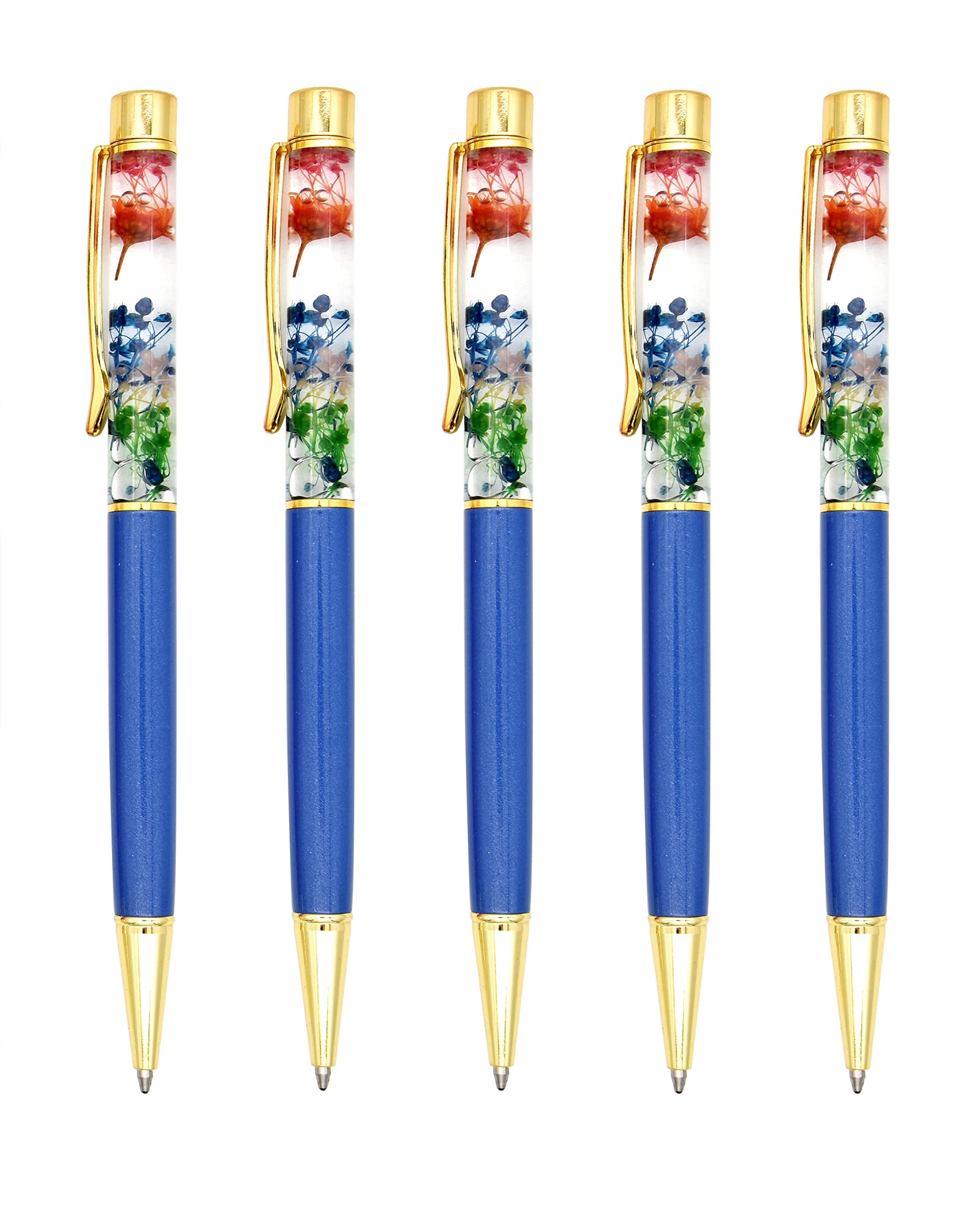 Gullor 5 Pieces Liquid Floral Ballpoint Pens for Gift, Fancy Metal Unique Flower Set for Desk Accessories, Navy blue