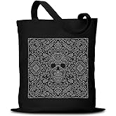 Puuonnnnno Aesthetic Canvas Tote Bag with Pattern for Women, Stylish Funny Goth Skeleton Spooky Skull Inspired Design, Halloween Holiday Decorative, Canvas Shoulder Bag Reusable Grocery Shopping Bag