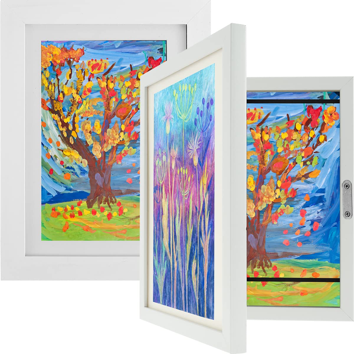 Jokapy 2Pcs Kids Art Frame Front Opening A4 Kids Artwork Display Frame with Fixed Strap, Childrens Artwork Display Picture Kids Art Frame Photo Frame Wooden Frame for 150 Pictures (White)