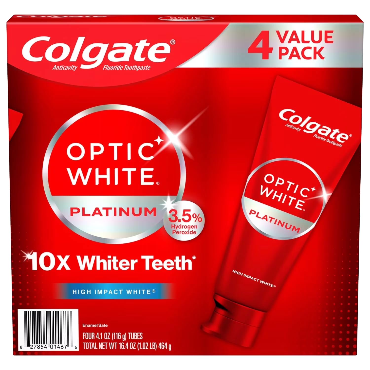 Colgate Optic White Platinum Teeth Whitening, High Impact White Toothpaste, 4.1 Oz Tube, 4 Pack