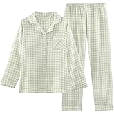 Womens Pajama Sets Cotton Gauze Plaid Long Sleeve Tops and Pants 2 Piece Loungewear Cute Gingham Pj Set