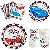 WERNNSAI Race Car Party Decorations - 64 PCS Car Plates Napkins Cups Black and White Checkered Themed Dinnerware for Kids Boys Two Fast irthday Supplies Favors Serves 16 Guests