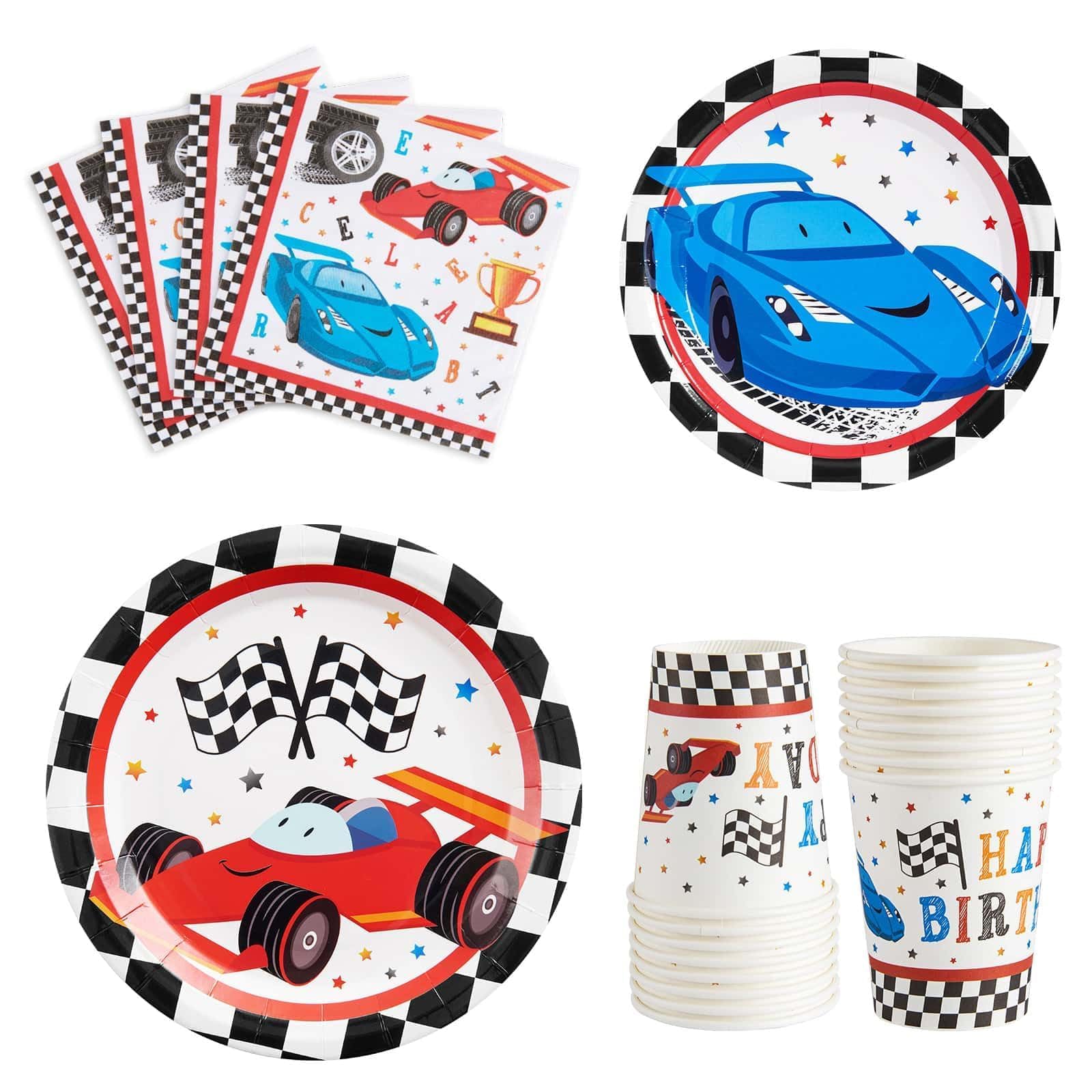 WERNNSAI Racing Car Party Supplies - 64PCS Race Car Party Plates Napkins Cups for Kids Boys Birthday Decorations Paper Dessert Plates Tableware Set for 16 Guests