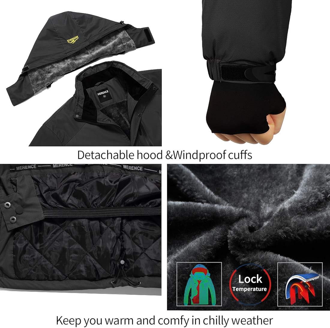 Men's Waterproof Ski Jacket Fleece Windproof Mountain Winter Snow Jacket Warm Outdoor Sports Rain Coat with Hooded: Clothing