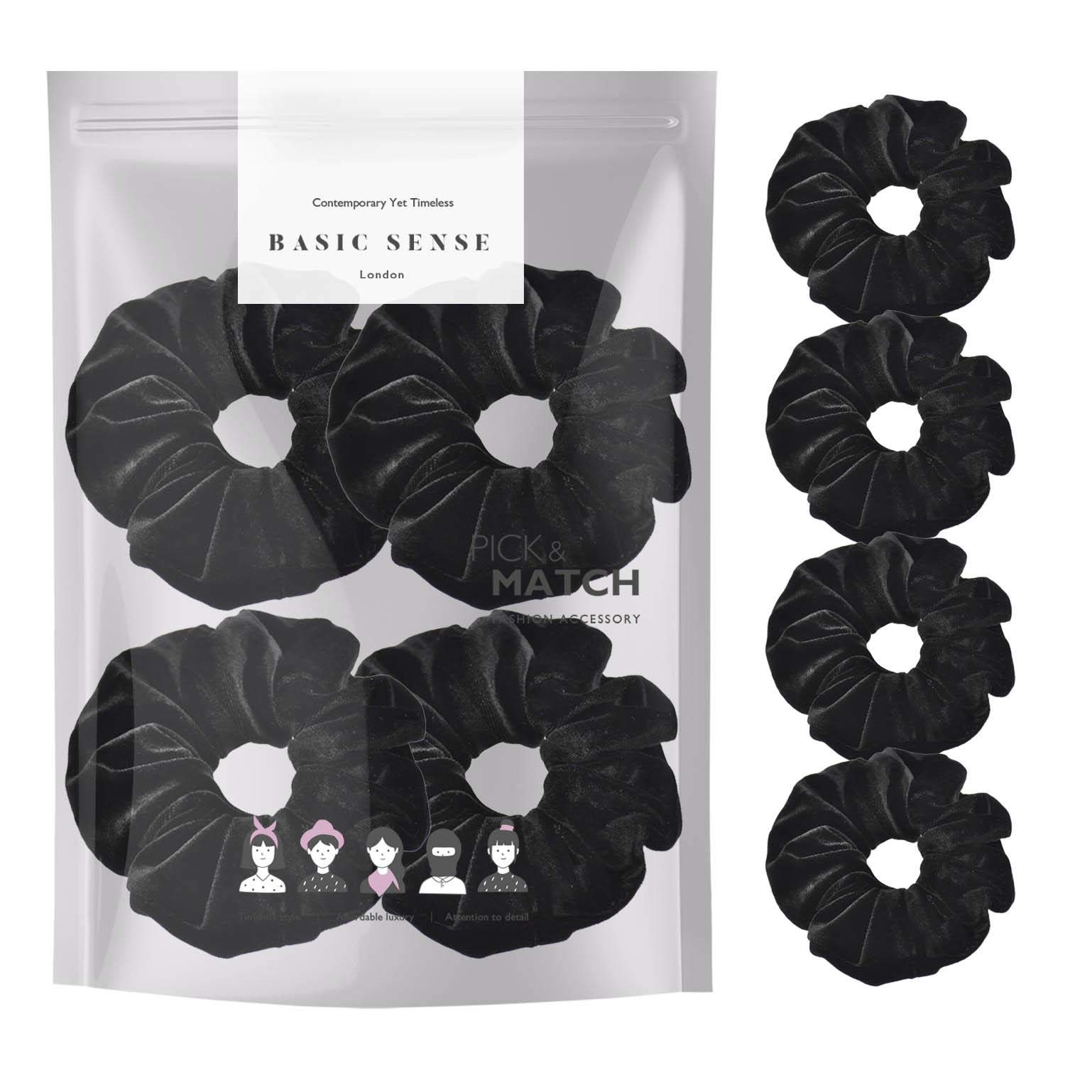 4 PCS SET Premium Large Hair Velvet Scrunchies Ties Bands Updo Ponytail Bobble Scrunchy Holder For Women Girl Kids, Black Multi Pack