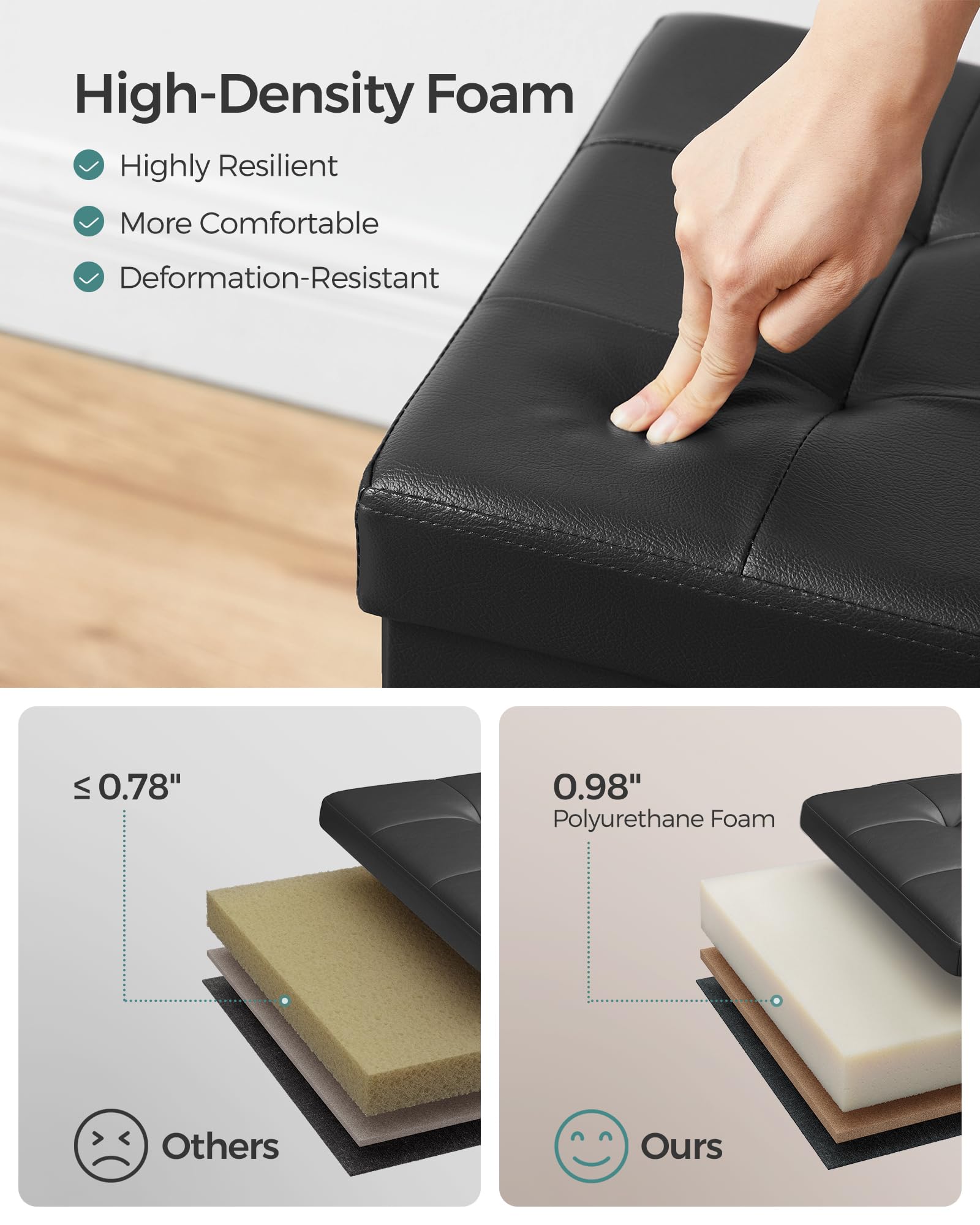 SONGMICS MAZIE Collection - 30 Inches Storage Ottoman Bench with Flipping Lid, Storage Chest Footstool, Load 660 lb, for Entryway, Living Room, Bedroom, Synthetic Leather, Black ULSF45BK
