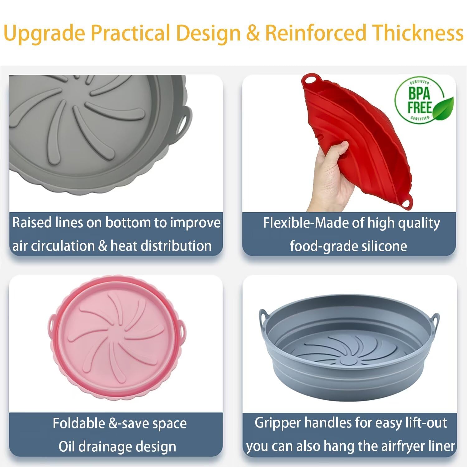 EAWON 2 Pack AirFryer Silicone Liners with Reusable AirFryer Liner Pot Bake Tray 8'' Silicone Airfryer Liner Basket Bowl Mat Non-Stick 3-7 QT Oven Microwave Accessories