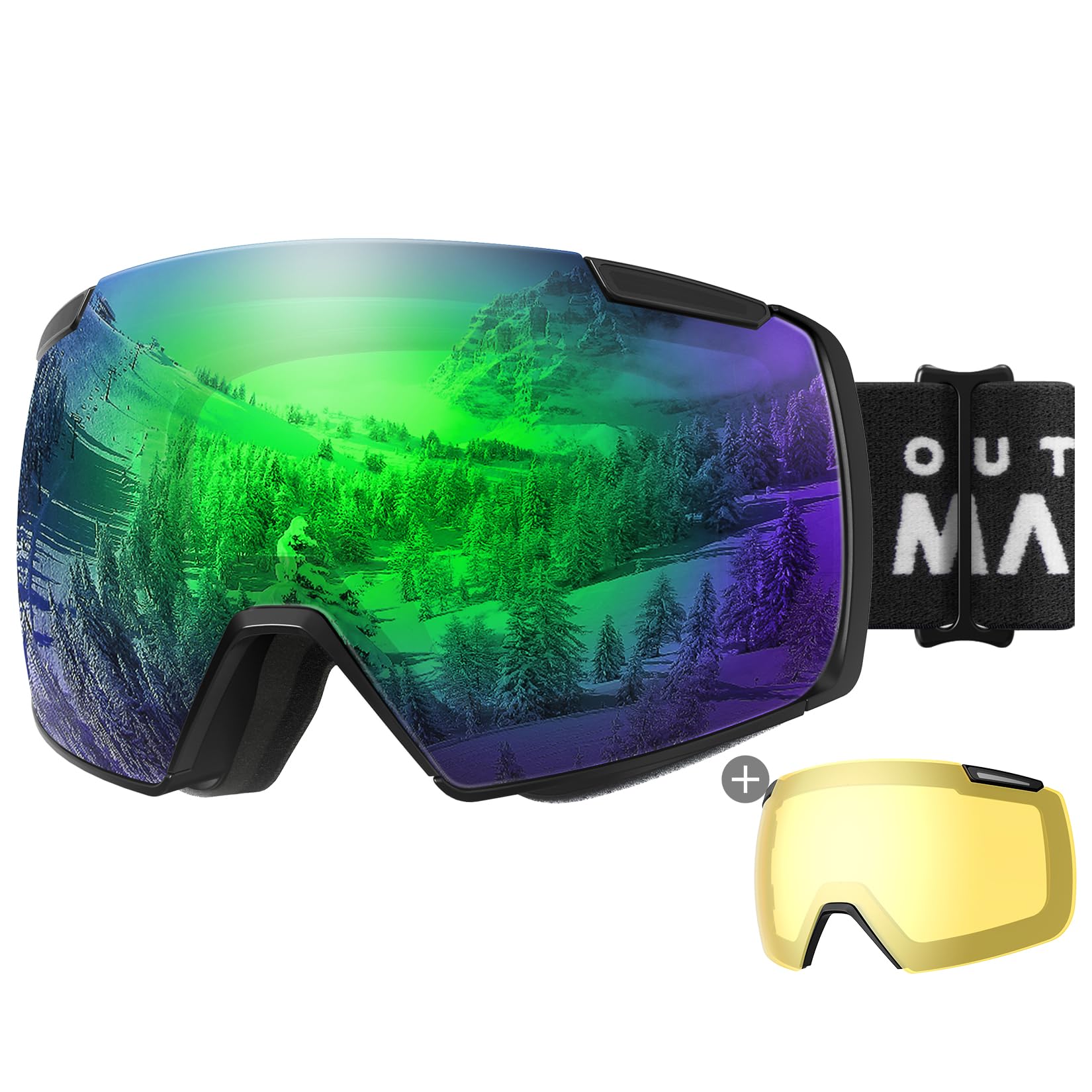 OutdoorMaster Heron Ski Goggles with 2 Lens, Frameless, Magnetic Interchangeable HD Toric Lens, OTG Snowboard Goggles(BlackFram RevoGreen Vlt 15% + YellowLens)