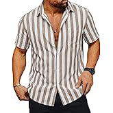 Runcati Mens Striped Button Down Shirts Casual Short Sleeve Linen Shirt Summer Beach Vacation Tops