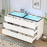 DalyLuxa 6 Drawer Dresser with Tempered Glass Top, Wide Modern Dresser Organizer with LED Lights, Chest of Drawers for Living