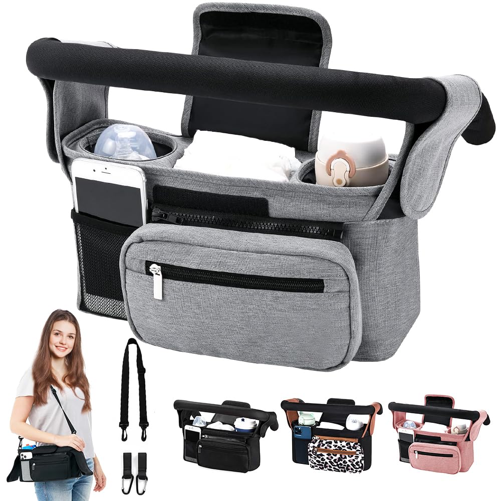 HINATAA Baby Pram Bag Stroller,Baby Stroller Organizer- Detachable Phone Bag & Shoulder Strap, 2 Insulated Cup Holder,Buggy Organiser Bag with Shoulder Strap&Non-Slip Secure Hooks (Grey)