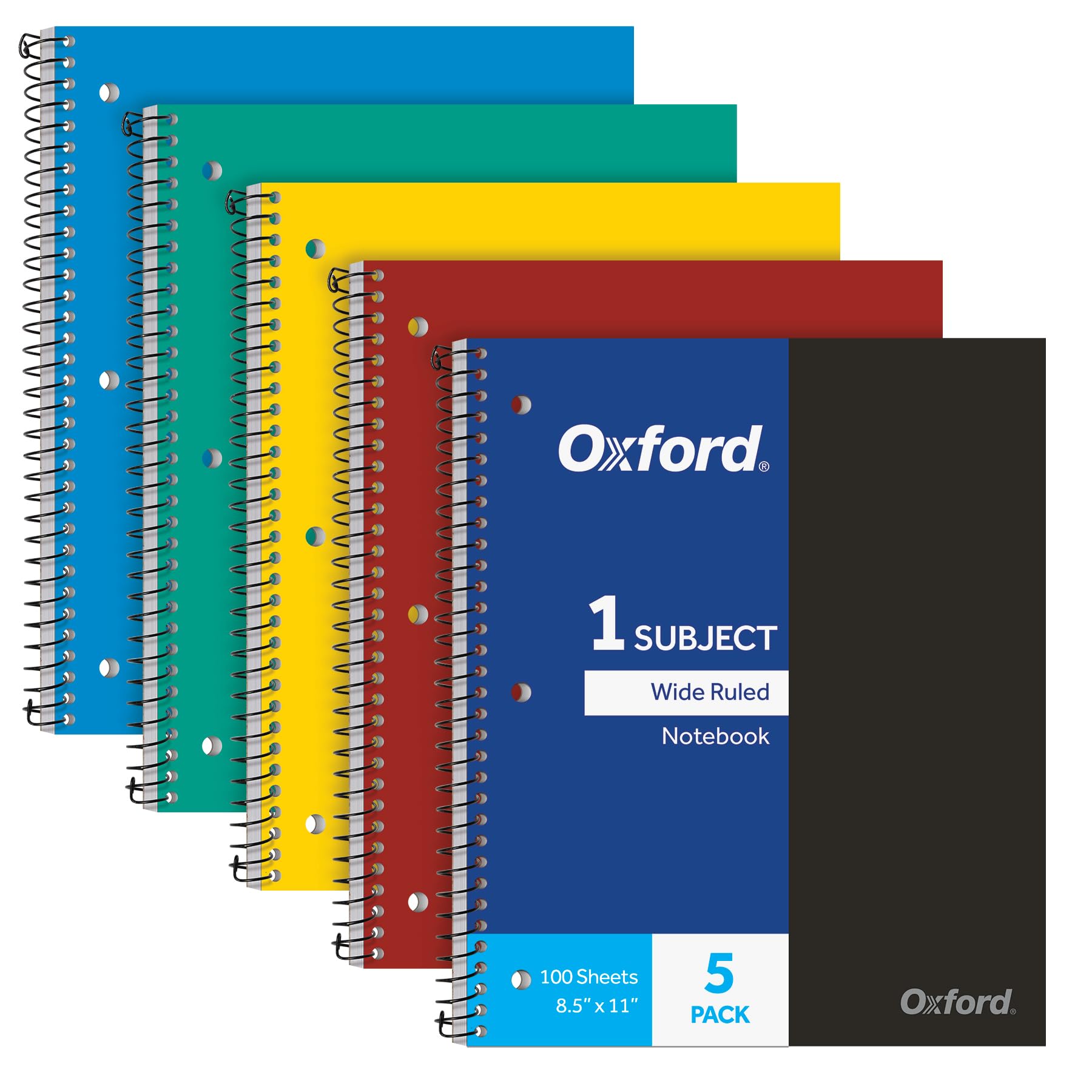 Photo 1 of Oxford 1 Subject Spiral Notebook, Notebooks for School, Plastic Covers, Back to School Supplies, Wide Ruled, 100 Sheets, 5 Pack, Assorted Primary Colors: Black, Blue, Red, Green and Yellow (1009290)