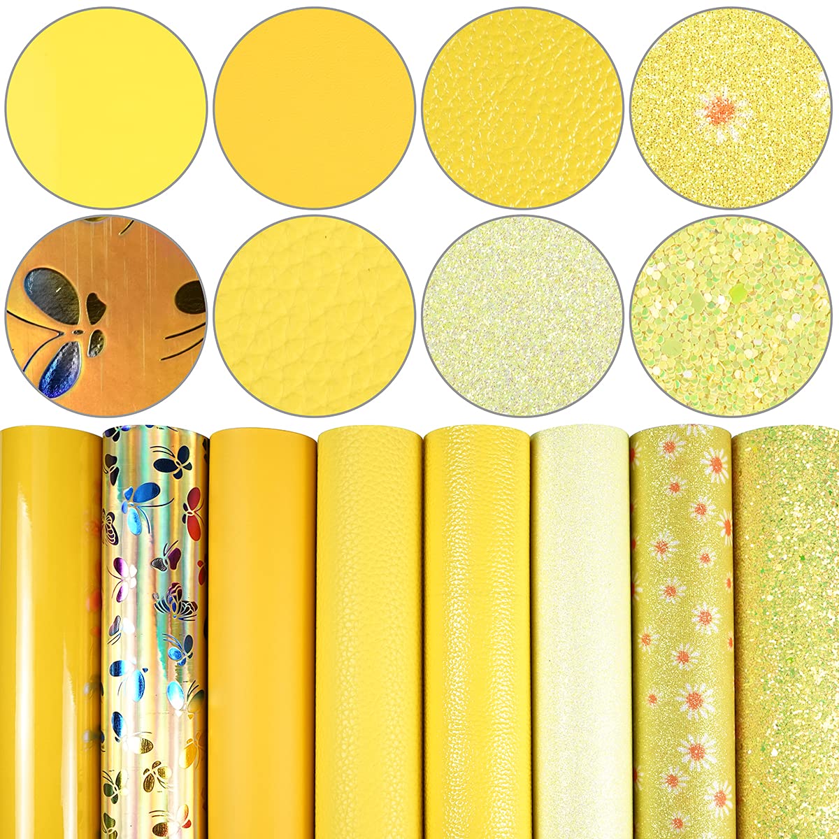 8 Pieces 8x12 Inch (21cmx30cm) Faux Leather Sheet Mixed Yellow Series Fine Chunky Glitter Metallic Litchi Patent Holographic Butterfly Skin Texture Leather for Leather Bow Earring Making
