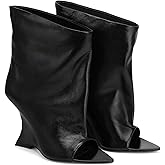 MEEYUS Women’s Open Toe Slouchy Wedge Ankle Boots - 4.1in Heel PU Booties,Calf Height Wide Calf Fashion Boots