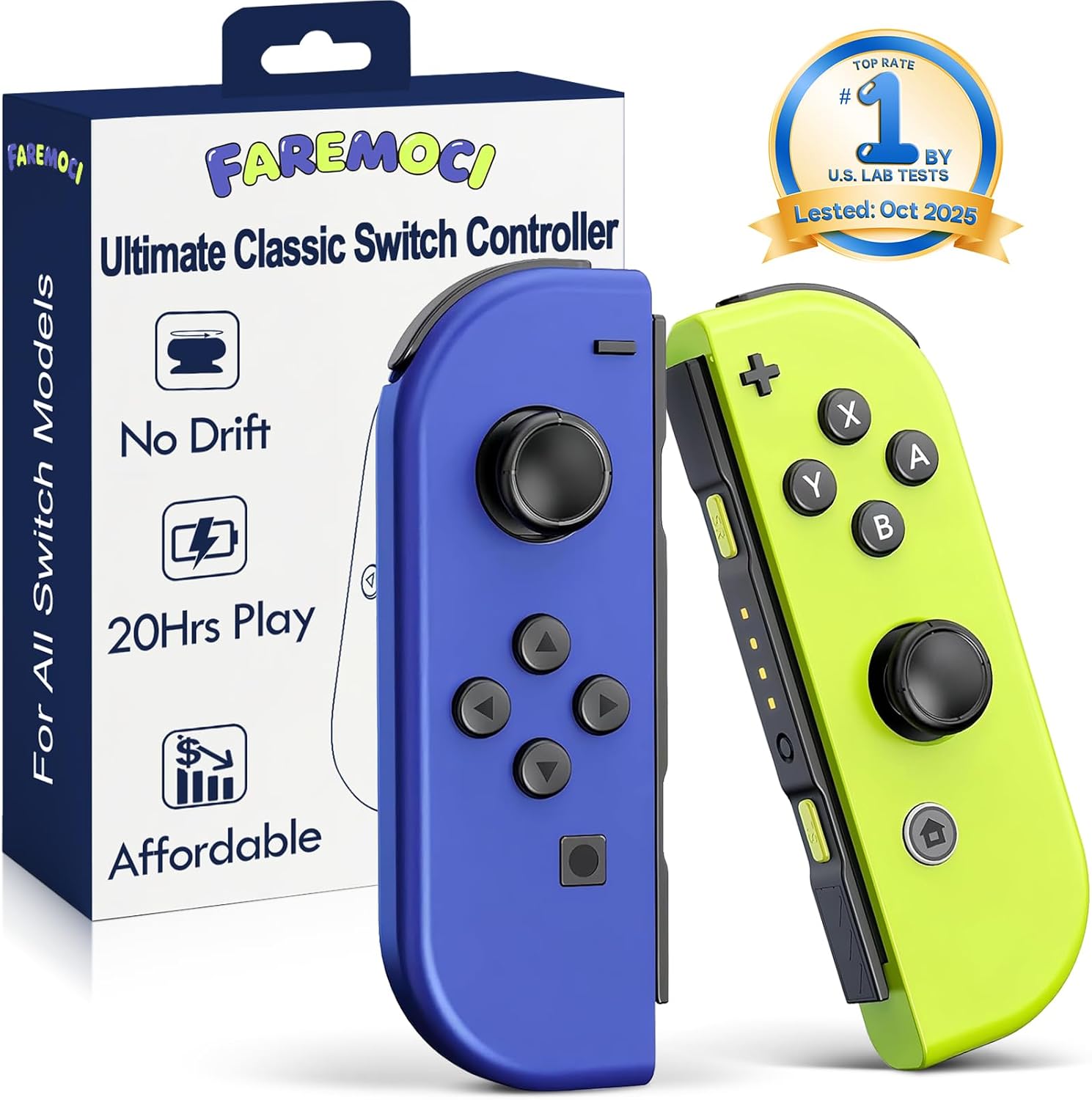 FAREMOCI Switch Controllers,Wireless Joy Remote cons with Hall Effect Joystick No Drift Controles Compatible with Switch 1 OLED Lite,HD Rumble Gyro Motion,Wake Up,No NFC,Blue Yellow